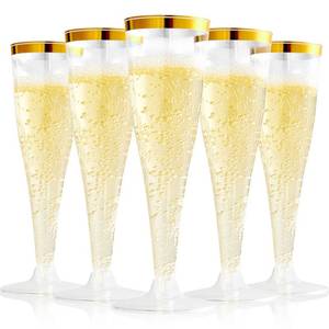 lot 9727 image: FOCUSLINE 100 Pack Plastic Champagne Flutes, 4.5 Oz Gold Rim Glasses, Disposable Clear Toasting Glasses Recyclable Cups for Wedding Party