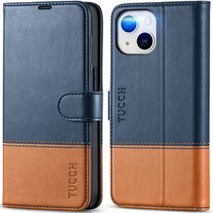 lot 9739 image: TUCCH Wallet Case for iPhone 14, RFID Blocking 4 Card Slots TPU Interior Protective Case, Magnetic Folio Shockproof PU Leather Stand Flip Cover Compatible with iPhone 14 6.1 5G, Blue&Brown
