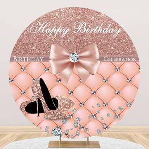 lot 9746 image: Renaiss 7.2x7.2ft Pink Bowknot Round Backdrop for Photoshoot Girls Woman Portrait High Heels Glittering Diamonds Circle Photography Background Happy Birthday Party Decor Photo Booth Props Table Cover