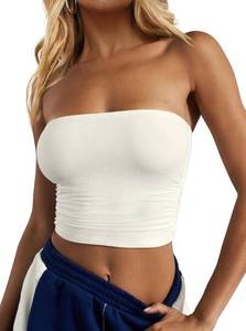 lot 9781 image: CSDAJIO Womens Casual Ruched Side Strapless Crop Tube Top Ribbed Knit Bandeau Top Summer Skinny Shirt Rib White Small