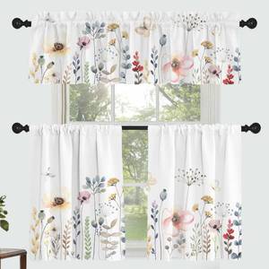 lot 9782 image: Fereyis Floral Leaves Curtain for Kitchen Bathroom Watercolour Pink Flower Rod Pocket Window Tier Curtains Valance Set 3 Pcs Plant Printed Curtains 54 x 18 inches  27 x 36 inches 2