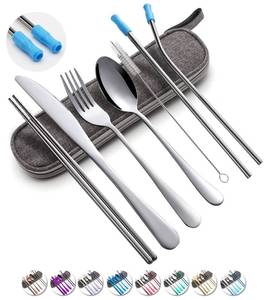 lot 9783 image: Travel Utensils Set with Case Reusable Portable Cutlery Set Stainless Steel 8pcs Including Dinner Knife Fork Spoon Chopsticks Straws(Silver)