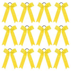 lot 9787 image: DEEKA 12 PCS Glitter Collegiate Yellow Ponytail Holders - Long Tail Full Rhinestones Skinny Shiny Handmade Bows for Girls Teens Cheerleaders