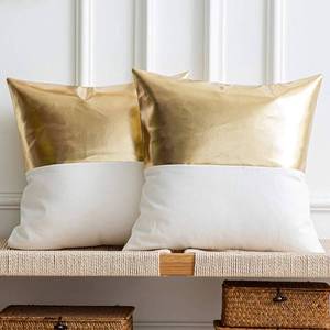 lot 9789 image: DEZENE Leather Throw Pillow Covers, Set of 2 Modern LeatherCotton Decorative Pillowcases for Home Decor Bedroom Living Room Couch Bed Sofa, 18x18 Inch, Gold and White