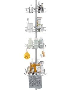 lot 9791 image: WPT Grey Shower Caddy Tension Pole for Bathroom, Stainless Steel Corner Shower Caddy Organizer Stand for Bathtub Shampoo Storage, 4 Tier Adjustable Shelves, 28.7 to 104.7 Inches