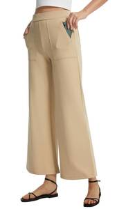 lot 9803 image: AFITNE Womens Wide Leg Yoga Dress Pants High Waist Pull On Stretchy Work Pants Business Casual Lounge Ankle Cropped Trousers 26 Khaki, M