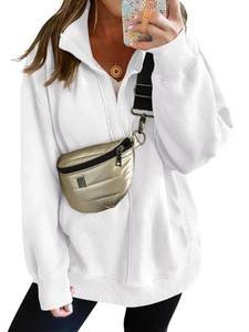 lot 9814 image: ANRABESS Women Long Sleeve Polo V Neck Split Casual Loose Fit 2024 Fall Tunic Pullover Sweatshirts with Pockets White XX-Large