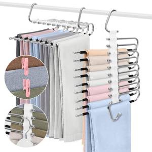 lot 9822 image: SAN LIKE 2 Pack 9 Layers Pants Hangers Space-Saving Stainless Steel Closet Hangers 20pcs Fixed Clips Non-Slip Multi-Functional Pants Rack Two Hanging Modes for Trousers Jeans Leggings Scarf Skirts
