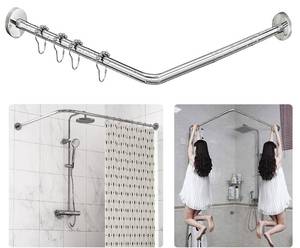 lot 9826 image: L Shaped Shower Curtain Rod, Adjustable (23.6-52.4 x 23.6-52.4), Corner Shower Curtain Rod, Genuine 304 Stainless Steel, Unsagging, Drill-Free, 90° Corner Design, Includes 12 Shower Curtain Rings
