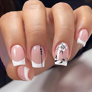 lot 9835 image: Pink Press On Nails Short Square Coffin Shape Full Cover Reusable False Nails Stick On Nails White Flower Designs White Nail Tips Artificial Fingernails Acrylic Fake Nails for Women Glue On Nails
