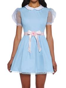 lot 9839 image: Alyweatry Women Grady Twins Costume Puff Short Sleeve Blue Babydoll Mini Dress Twins Cosplay for Halloween Party (Pink Ribbon, M)