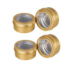 lot 9841 image: Healthcom 15 Pack 3 Oz Clear Window Round Aluminum Tin Cans Screw Top Metal Lid Aluminum Tin Jar Empty Lip Balm Tin Cans Cosmetic Storage Jars for Spices Candles Candies Gifts Arts Crafts,90ml(Gold)