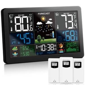 lot 9856 image: Weather Station Wireless Indoor Outdoor Thermometer with 3 Remote Sensors and Color Display Atomic Clock, Weather Thermometer Forecast Station with Sunrise Sunset Time and Tide Level