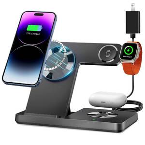 lot 9862 image: Magnetic 3 in 1 Charging Station for Multiple Devices,Mag-Safe Wireless Charger for iWatch & Airpods Pro 3 2, Foldable Charging Stand Dock for iPhone 12-16 Series with Adapter(Black)