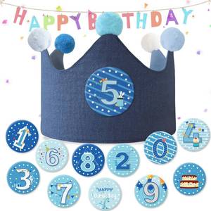 lot 9866 image: Ulibanner Reusable Birthday Crown, Numbers, Kids Birthday Hat, Fabric Crown, Toddler Boy Girl Baby Bday Hats (Dark blue  light blue)