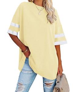 lot 9909 image: Fisoew Womens Oversized Tees Loose T Shirts Half Sleeve Crew Neck Color Block Cotton Tunic Tops Beige XXL