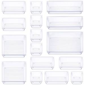 lot 9919 image: MultiPCS Clear Plastic Drawer Organizers Set, 5-Size Versatile Bathroom and Vanity Drawer Organizer Trays, Storage Bins for Makeup, Bedroom, Kitchen Gadgets Utensils and Office Accessories