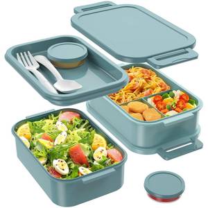 lot 9920 image: Jelife Bento Box Adult Lunch Box - 72oz Stackable Bento Lunch Box for Adults, Layers All-in-One Large Bento Box Leak-Proof Lunchbox with Utensil Sauce Dressing Containers for Dining Out,Work, Green