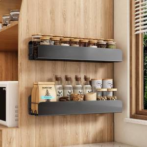 lot 9944 image: Kitstorack Spice Rack Wall Mount, 2 Pack 15.7 Oversize Spice Rack Organizer without Drilling Large Adhesive Hanging Spice Racks, Kitchen Essentials Home Decor, Black,for Smooth Walls