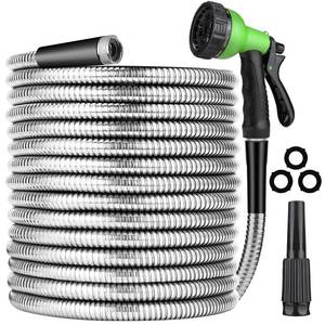 lot 9956 image: Metal Garden Hose 50ft, Stainless Steel Water Hose with 10 Function Sprayer Nozzle & Adjustable Nozzle, Rust Proof Kink Free & Tangle Free Flexible Water Pipe for Watering & Washing