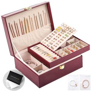 lot 9970 image: Sanikeon Jewelry Boxes for Women Girls PU Leather Jewelry Organizer Box 2 Layer Large Jewelry Storage Case Removable Tray for Necklace Earring Ring with Polishing Cloth and Jewelry Bags