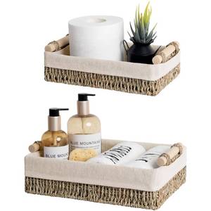 lot 9974 image: StorageWorks Small Seagrass Baskets for Organizing, Wicker Basket for Organizer, Storage Baskets with Wooden Handles and Natural Fiber Liner, Set of 2
