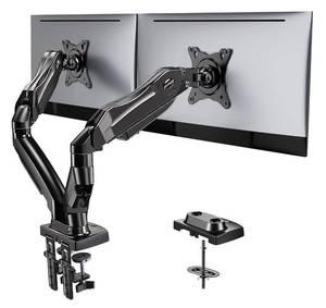 lot 9985 image: HUANUO Dual Monitor Stand - Full Adjustable Monitor Desk Mount Swivel Vesa Bracket with C Clamp, Grommet Mounting Base for 13 to 32 Inch Computer Screens - Each Arm Holds 4.4 to 19.8lbs