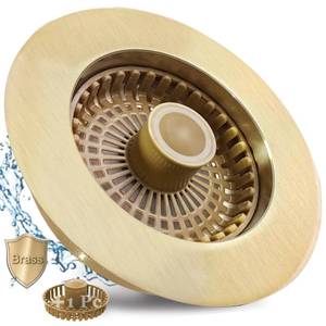 lot 2033 image: BAOLSLS 3 in 1 Kitchen Sink Stopper, Pop Up Kitchen Sink Drain Strainer, with an Extra Basket Strainer, Kitchen Sink Drain Stopper for US Standard 3-12 Inch, Brass Material Electroplate Gold