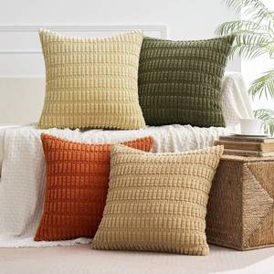 lot 2053 image: MIULEE Pack of 4 Corduroy Decorative Throw Pillow Covers 18x18 Inch Soft Boho Striped Pillow Covers Modern Farmhouse Home Decor for Sofa Living Room Couch Bed Brown Green