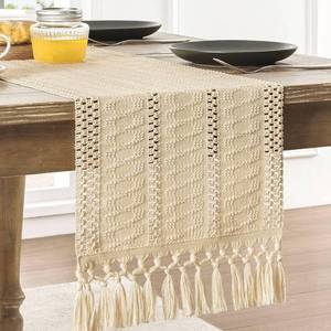 lot 2070 image: ZeeMart Macrame Style Boho Table Runner, Beige Table Runners 90 Inches Long, Farmhouse Woven Home Decor, 12x90 Inch, Beige