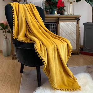 lot 2075 image: LOMAO Flannel Blanket with Pompom Fringe Lightweight Cozy Bed Blanket Soft Throw Blanket fit Couch Sofa Suitable for All Season(Mustard Yellow, 60x 80)