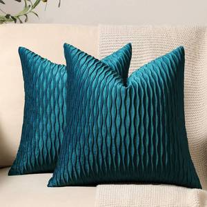 lot 2095 image: DEZENE 18x18 Teal Throw Pillow Cases 2 Pack Original Striped Velvet Square Decorative Pillow Covers for Farmhouse Couch