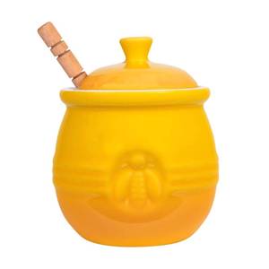 lot 2116 image: Creative Co-Op Yellow Stoneware Honey Pot with Lid & Wood Honey Dipper