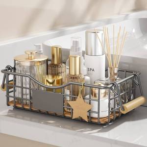 lot 2144 image: Qcold Bathroom Organizer Basket, Bathroom Organizers and Storage - Bathroom Counter Organizer with Handle - Wire Shelf Basket - Bathroom Counter top tray for Organizing, Farmhouse Decor - S Black