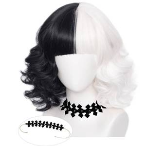 lot 2190 image: Short Black and White Wig  Necklace Curly Wavy Bob Cosplay Halloween Party Wigs for Women & Girls with Cap