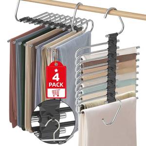 lot 2197 image: Upgrade 9 Layers Pant Hangers Space Saving, Non Slip Stainless Steel Multifunctional Pants Rack S-Type Clothes Pant Closet Hanger Organizer with Hooks for Pants Jeans Trousers Scarf (4 Pack, Black)