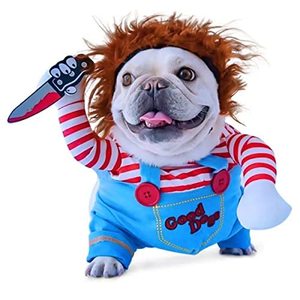 lot 2917 image: Chucky Deadly Pet Dog Costume Halloween Clothes Wig and Knife Novelty Funny Scary Props Outfit Apparel Accessories(Medium, pet Costume)