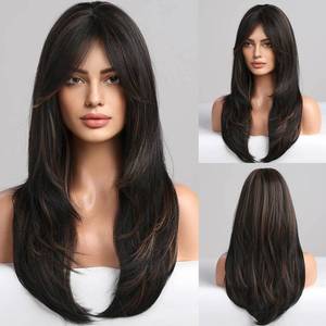 lot 2942 image: HAIRCUBE Black Wigs for Women,Long Layered Black with Blonde Highlight Wigs with Bangs Heat Resistant Synthetic Fibre Wigs(pelucas de cabello natural)