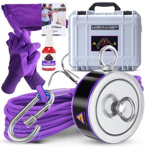 lot 2950 image: 2600LBs Double-Sided Magnet Fishing Kit Fishing Magnet Kit with Case Strong Neodymium N52 Magnet Includes 65ft Rope, Carabiner, Gloves, Grappling Hook &amp Carry Case, Magnet Fishing Kit - Retail $94.21