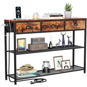 lot 2954 image: Furologee Console Table with Charging Station & 3 Fabric Drawers, 38 Entryway Table with Storage Shelves, Industrial Foyer Table for Entry Way, Display Shelf for Hallway, Rustic Brown