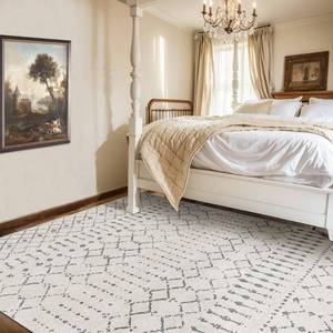 lot 2955 image: Deerly 5x7 Area Rugs for Living Room, Washable Rugs Moroccan Boho Farmhouse Rug with Non-Slip Backing, Soft Low Pile Indoor Floor Carpet Neutral Rug for Bedroom Dining Room, Off WhiteGrey