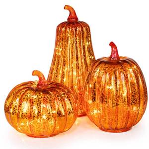 lot 2967 image: KI Store Glass Pumpkin with Lights and Timer Set of 3 Lighted Mercury Glass Pumpkins for Fall Halloween Thanksgiving Decorations Battery Operated