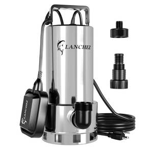 lot 2973 image: Lanchez 1.6 HP Stainless Steel Sump Pump Submersible with Automatic Float Switch, 5500GPH CleanDirty Transfer Water Pump with 25FT Cord for Swimming Pool Garden Basement Tub Pond Draining - Retail $93.55