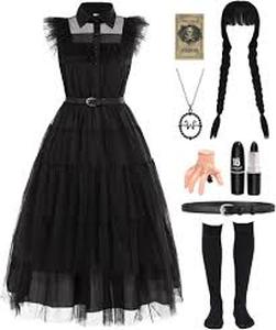 lot 2940 image: jiobabe Halloween Costume Set for Women Adult Long Black Dress with Black Braided Wig Necklace Socks Hairpin Black Lipstick Cute Black Goth Dress for Costume Party GR031XXL