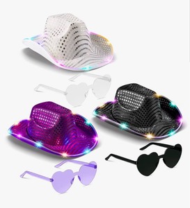 lot 332 image: 6 Pcs LED Cowboy Hat Women Light Up Space Cowgirl Cowboy Hat with Heart Glasses for Disco Halloween Party Costume Accessories (Silver, Black, Purple)