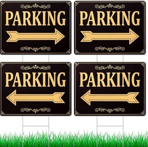 lot 344 image: 4 Pcs Parking Sign with Metal H Stake Double Sided Event Parking Sign Corrugated Plastic Waterproof Durable Guest Directional Arrow Signs for Outdoor Yard, Black and Gold 12x16 Inch