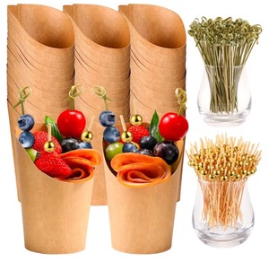 lot 350 image: 50 Pcs Charcuterie Cups with Skewers, 12 Oz Paper Snack Appetizer Cups with Cocktail Picks, French Fry Holder Brown Kraft, Disposable Popcorn Boxes Cones, Party Board Favor(50 Cups  200 Sticks)