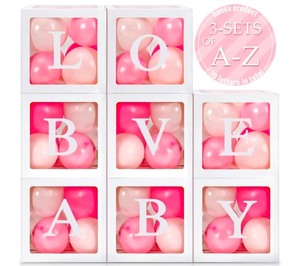 lot 387 image: Geyee 8 Pieces Balloon Box Decoration, Transparent Block with 78 Letters 3-Sets of A-Z for Halloween Decor Bride Shower, Baby Shower, Christmas Halloween Supplies, Birthday Boxes(White)