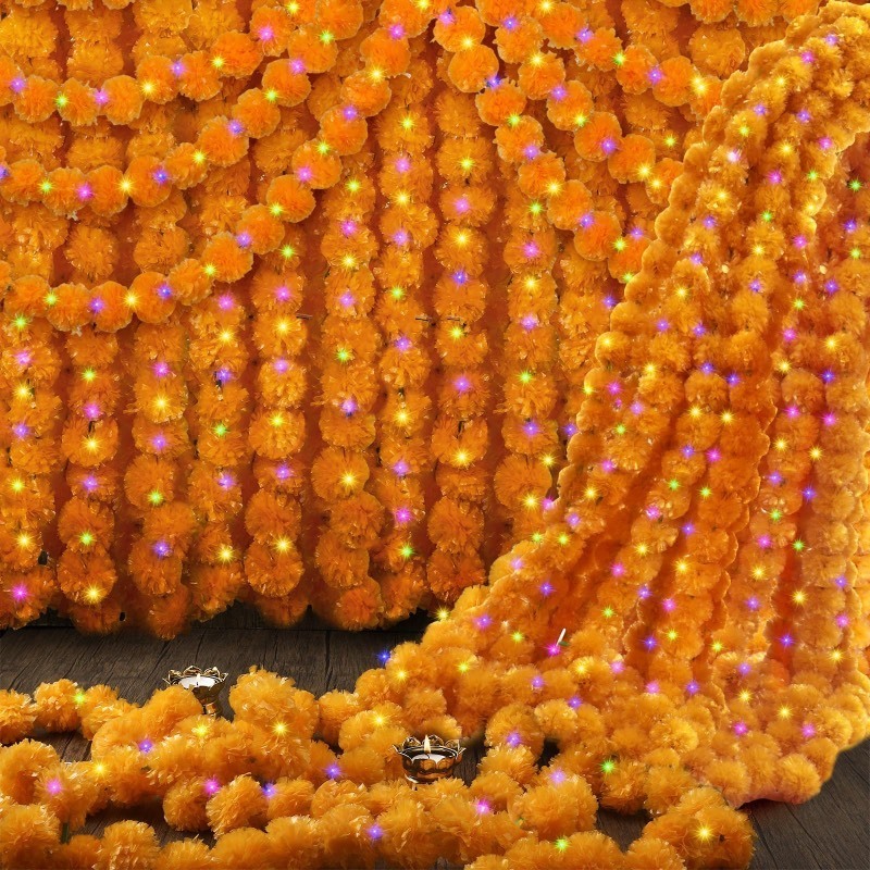 lot 6552091 image: Thiccywoov 8 Pcs 5 Feet Halloween Marigold Garland for Decoration with Light Artificial Marigold Flowers Indian Faux Garlands for Day of The Dead Diwali Wedding Party Decoration (Light Orange)