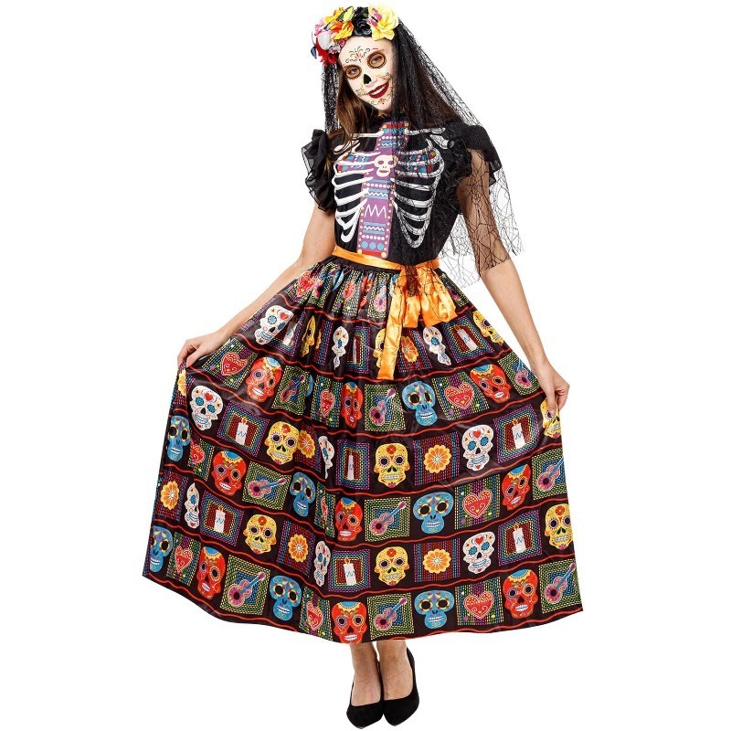 lot 6552123 image: Funnlot Day of The Dead Costume Adult Women,Skull Dress Costume for Women and Sugar Skull Costume for Halloween Costumes Dress up Party with 4Pcs Day of The Dead Face Tattoos M